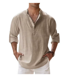 Men’s Cotton Linen Henley Shirt – Lightweight Long Sleeve Casual Beachwear