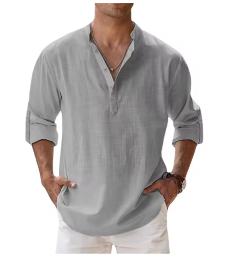 Men’s Cotton Linen Henley Shirt – Lightweight Long Sleeve Casual Beachwear