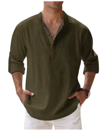 Men’s Cotton Linen Henley Shirt – Lightweight Long Sleeve Casual Beachwear