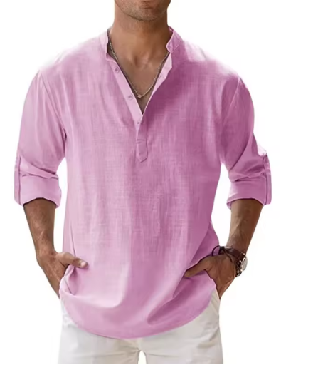 Men’s Cotton Linen Henley Shirt – Lightweight Long Sleeve Casual Beachwear