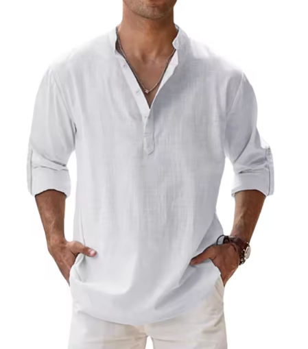 Men’s Cotton Linen Henley Shirt – Lightweight Long Sleeve Casual Beachwear