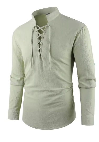 Men's Vintage V-Neck Pirate Viking Shirt – Medieval Cotton Linen Long Sleeve Top, Lightweight & Breathable