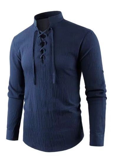 Men's Vintage V-Neck Pirate Viking Shirt – Medieval Cotton Linen Long Sleeve Top, Lightweight & Breathable