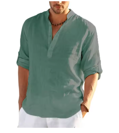 New Men's Lightweight Linen-Cotton Long Sleeve Henley Shirt