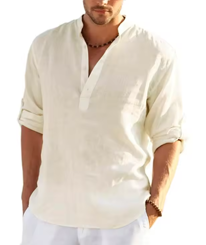 New Men's Lightweight Linen-Cotton Long Sleeve Henley Shirt