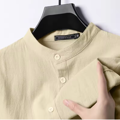 New Men's Lightweight Linen-Cotton Long Sleeve Henley Shirt
