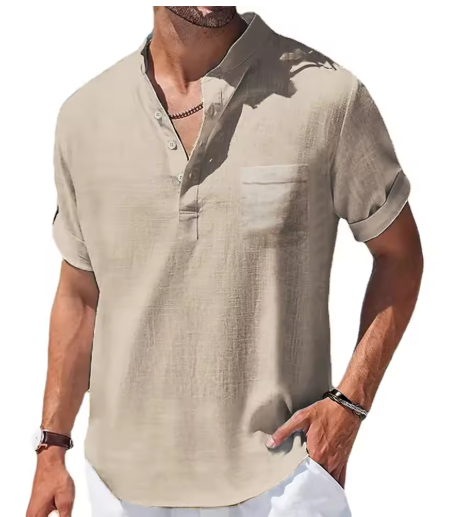 Summer Men’s Cotton-Linen Short Sleeve Henley Shirt – Casual & Comfortable