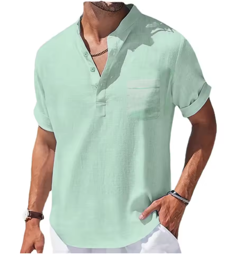 Summer Men’s Cotton-Linen Short Sleeve Henley Shirt – Casual & Comfortable