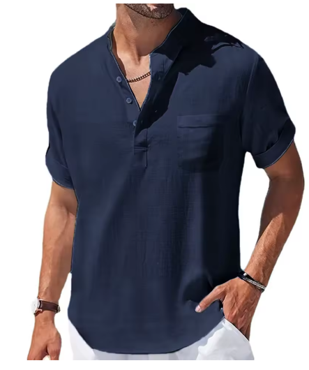 Summer Men’s Cotton-Linen Short Sleeve Henley Shirt – Casual & Comfortable