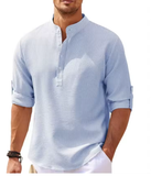 Men’s Cotton-Linen Long Sleeve Shirt – Casual Stand Collar, Spring & Autumn Style