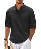 Men’s Cotton-Linen Long Sleeve Shirt – Casual Stand Collar, Spring & Autumn Style