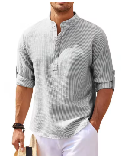 Men’s Cotton-Linen Long Sleeve Shirt – Casual Stand Collar, Spring & Autumn Style