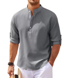Men’s Cotton-Linen Long Sleeve Shirt – Casual Stand Collar, Spring & Autumn Style