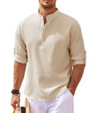 Men’s Cotton-Linen Long Sleeve Shirt – Casual Stand Collar, Spring & Autumn Style