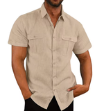 Men’s Cotton-Linen Short Sleeve Shirt – Casual Stand Collar, Summer Style