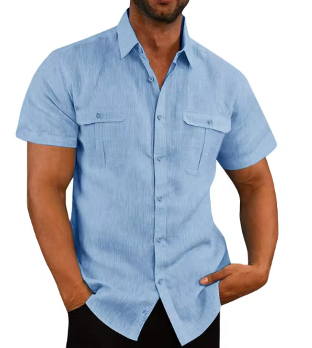 Men’s Cotton-Linen Short Sleeve Shirt – Casual Stand Collar, Summer Style