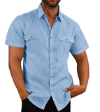 Men’s Cotton-Linen Short Sleeve Shirt – Casual Stand Collar, Summer Style