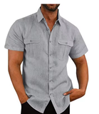 Men’s Cotton-Linen Short Sleeve Shirt – Casual Stand Collar, Summer Style