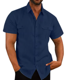 Men’s Cotton-Linen Short Sleeve Shirt – Casual Stand Collar, Summer Style