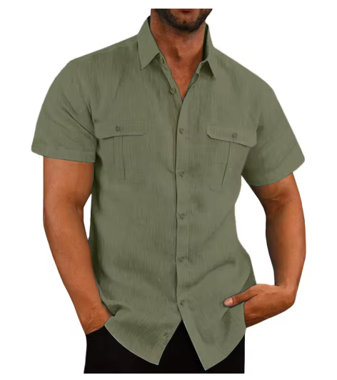 Men’s Cotton-Linen Short Sleeve Shirt – Casual Stand Collar, Summer Style