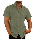 Men’s Cotton-Linen Short Sleeve Shirt – Casual Stand Collar, Summer Style