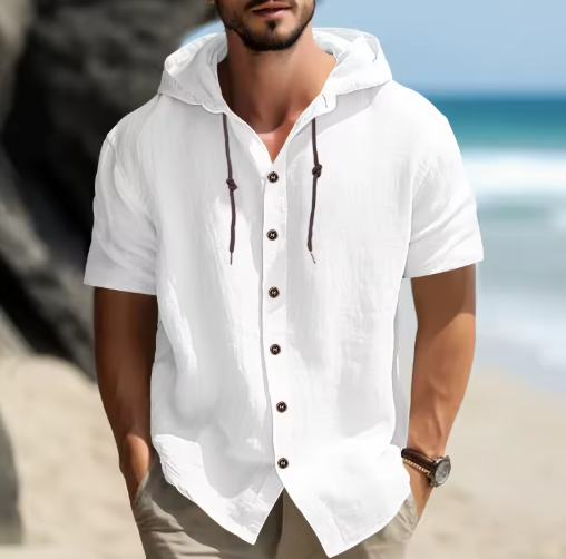 Men’s Summer Cotton-Linen Hooded Shirt – Short Sleeves, Casual & Comfortable