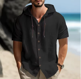 Men’s Summer Cotton-Linen Hooded Shirt – Short Sleeves, Casual & Comfortable