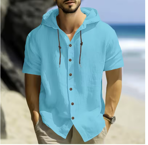 Men’s Summer Cotton-Linen Hooded Shirt – Short Sleeves, Casual & Comfortable