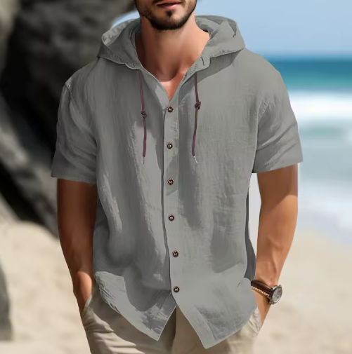 Men’s Summer Cotton-Linen Hooded Shirt – Short Sleeves, Casual & Comfortable