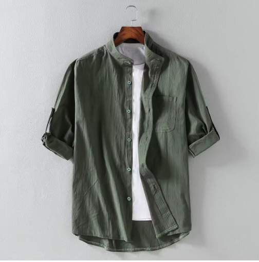 Men's Spring & Summer Fashion Stand Collar Shirt – 5/7 Sleeve, Large Sizes Available