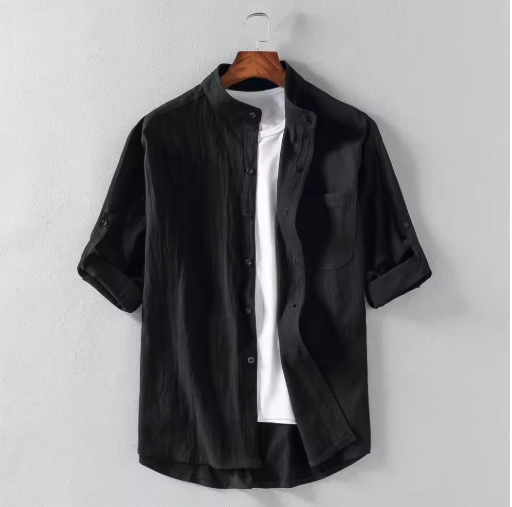 Men's Spring & Summer Fashion Stand Collar Shirt – 5/7 Sleeve, Large Sizes Available