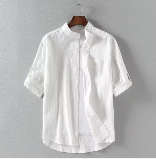 Men's Spring & Summer Fashion Stand Collar Shirt – 5/7 Sleeve, Large Sizes Available