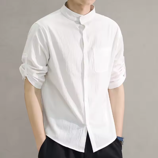 Men's Spring & Summer Fashion Stand Collar Shirt – 5/7 Sleeve, Large Sizes Available