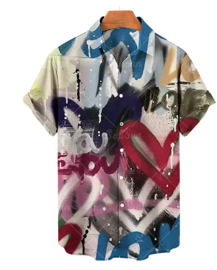 Men’s 3D Graffiti Oil Painting Shirt – Streetwear Hawaiian Casual Lapel Top (Plus Size Available)