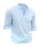 Men’s Solid Color Cotton Linen Shirt – Soft Long Sleeve Casual Top with Henry Collar