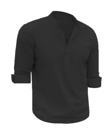Men’s Solid Color Cotton Linen Shirt – Soft Long Sleeve Casual Top with Henry Collar