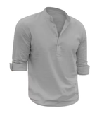 Men’s Solid Color Cotton Linen Shirt – Soft Long Sleeve Casual Top with Henry Collar