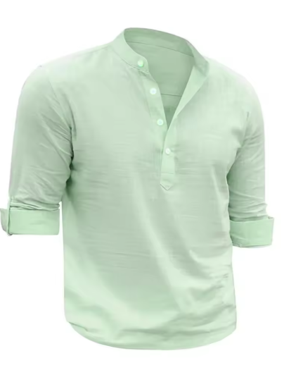 Men’s Solid Color Cotton Linen Shirt – Soft Long Sleeve Casual Top with Henry Collar