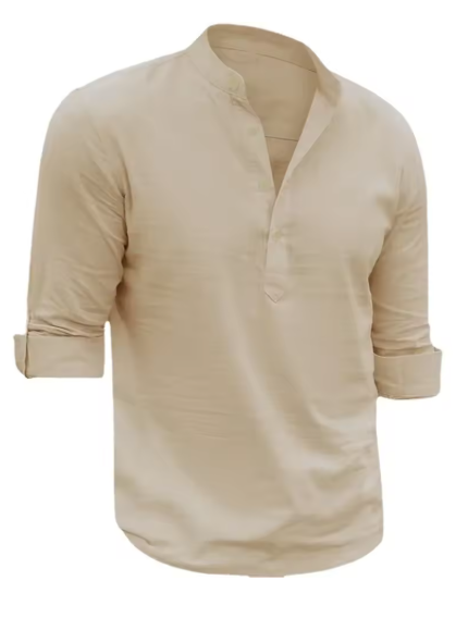 Men’s Solid Color Cotton Linen Shirt – Soft Long Sleeve Casual Top with Henry Collar