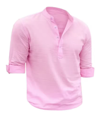 Men’s Solid Color Cotton Linen Shirt – Soft Long Sleeve Casual Top with Henry Collar