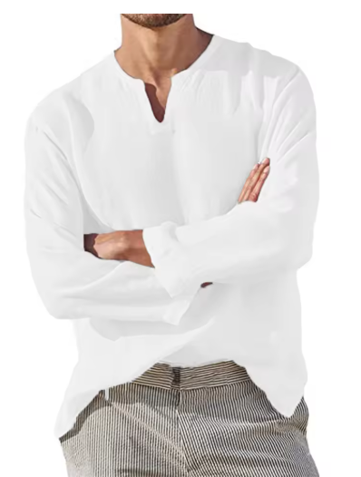 Men's Cotton Linen Casual Shirt – Breathable, Comfy, Oversized Long Sleeve V-Neck Solid Color Hawaiian Blouse