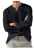 Men's Cotton Linen Casual Shirt – Breathable, Comfy, Oversized Long Sleeve V-Neck Solid Color Hawaiian Blouse