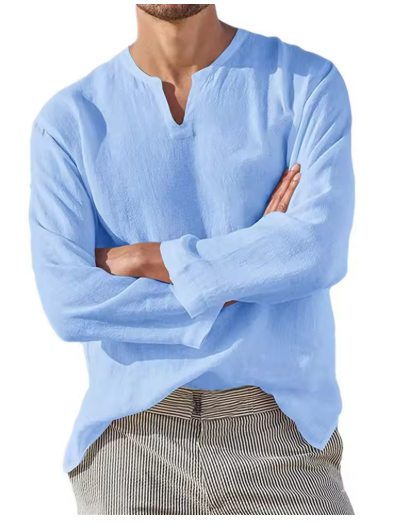 Men's Cotton Linen Casual Shirt – Breathable, Comfy, Oversized Long Sleeve V-Neck Solid Color Hawaiian Blouse