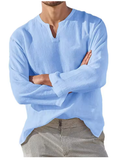Men's Cotton Linen Casual Shirt – Breathable, Comfy, Oversized Long Sleeve V-Neck Solid Color Hawaiian Blouse