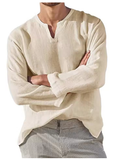 Men's Cotton Linen Casual Shirt – Breathable, Comfy, Oversized Long Sleeve V-Neck Solid Color Hawaiian Blouse