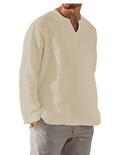 Men's Cotton Linen Casual Shirt – Breathable, Comfy, Oversized Long Sleeve V-Neck Solid Color Hawaiian Blouse