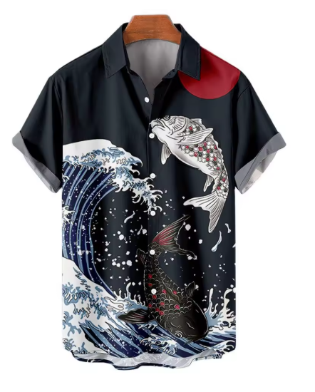 Men’s 3D Printed Hawaiian Shirt – Retro Wave Style with Short Sleeves