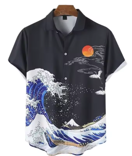 Men’s 3D Printed Hawaiian Shirt – Retro Wave Style with Short Sleeves