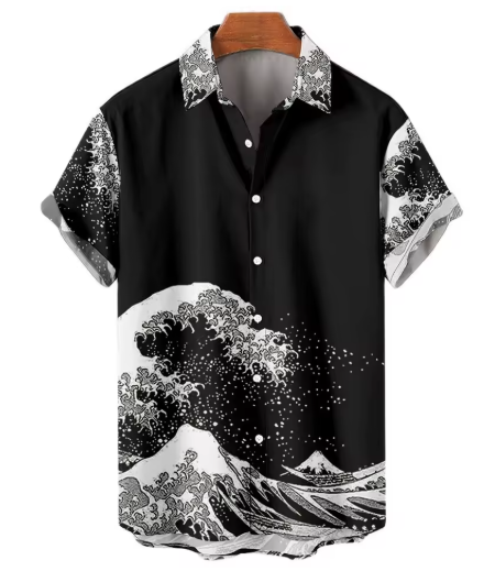 Men’s 3D Printed Hawaiian Shirt – Retro Wave Style with Short Sleeves