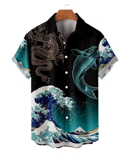 Men’s 3D Printed Hawaiian Shirt – Retro Wave Style with Short Sleeves